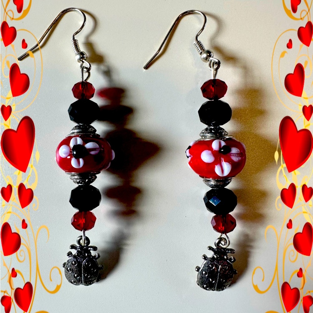 Handcrafted ladybug crystal earrings